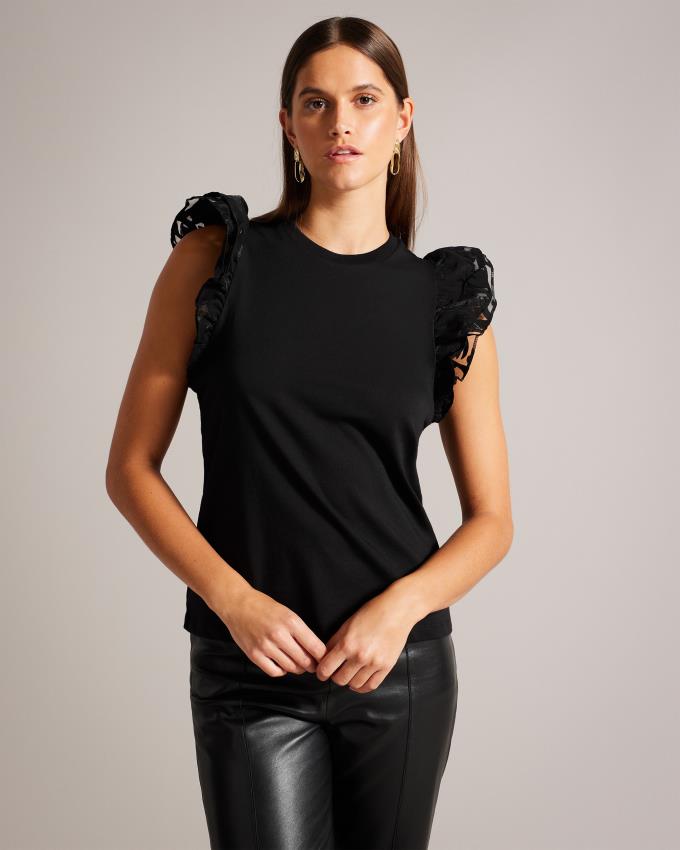 Hauts Ted Baker Cotton With Frill Sleeve Noir Femme | HRM-28431740